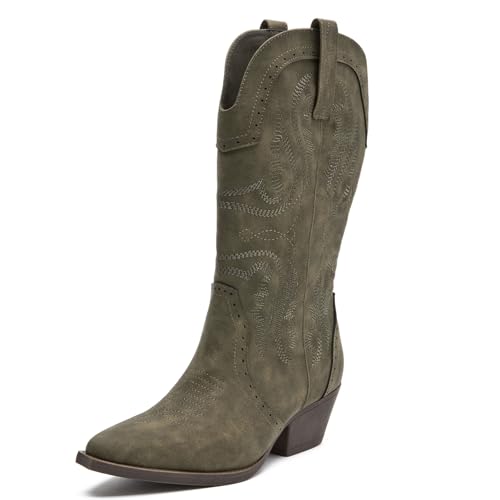 Image of SelRoys Cowboy Boots for Women Cowgirl Mid Calf Western Boots Embroidered Stitched Pointed Toe Chunky Block Heel Brown Red Black US5-11
