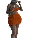 Women 2 Piece Outfits Sexy Crochet Mini Dress Hollow Tassel Knitted Skirts Sets Summer Bandage Tube Tops Y2K Clubwear,Orange,M