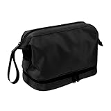 Neceser de viaje grande, organizador de doble capa para hombre con separación húmeda y seca, kit de afeitado resistente al agua, color negro