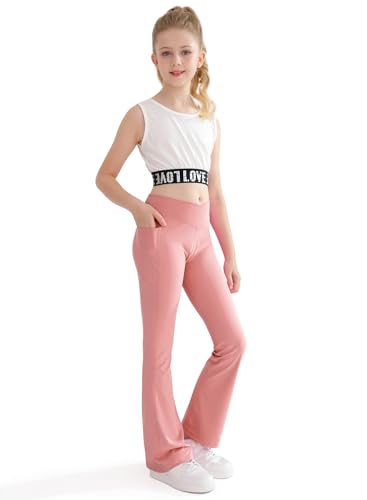 Girls Cross High Waisted Yoga Dance Pants for Kids Bell Bottom Solid Running Leggings Pants with Pockets Pink 9-10 Years