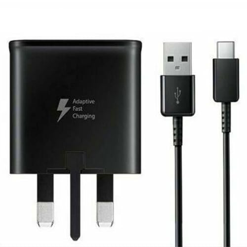Genuine Original Samsung EP-TA200 / EP-TA20 Adaptive Fast Charging Adaptive UK Wall Plug Adapter & Samsung USB A to Type C Charge Cable Lead (Black Charger & Lead)
