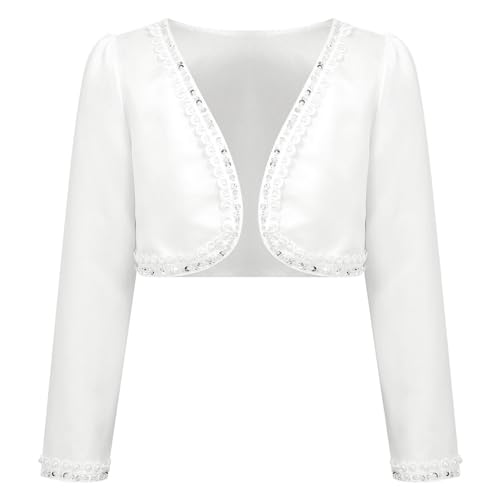 JEATHA Kids Girls Long Sleeve Open Front Bolero Shrug Pearls Sequins Beaded First Communion Cardigan Coat