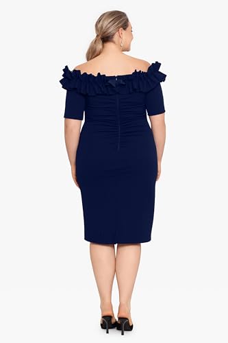 Image of Xscape Women's Knee-Length, Off-The-Shoulder, with Ruffled Neckline and Fitted Silhouette (Plus)