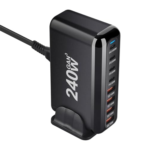 Image of TECHBLAZE 240 W GaN 3 Super Fast Charger Adapter, 8-Port (4 USB A+ 4 Type- C) with PD Technology, Universal for iPhone, Android, MacBook, Type-C Laptops, Compact Multi-Device Charging Solution.
