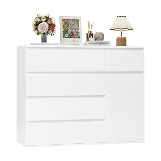 FOREHILL Bedroom Chest of Drawers White Chest of Drawers with 5 Drawers 1 Door Large Storage Cabinet Dresser Wide Sideboard for Living Room Hallway 100x40x80cm