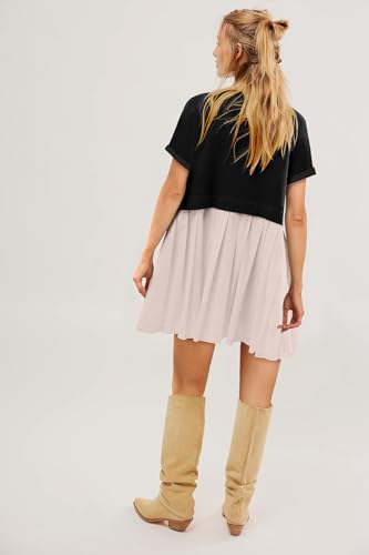 Image of SAUKOLE Womens Summer Crew Neck Short Sleeve Dress Patchwork Pleated A Line Beach Mini Dress
