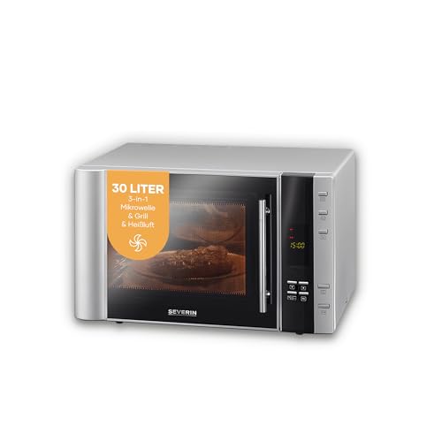 SEVERIN 3-in-1 Mikrowelle mit Grill und Heißluftfunktion, Minibackofen mit 10 Automatik-Programmen, multifunktionale Mikrowelle mit Drehteller und Grillrost, silber/schwarz, MW 7775