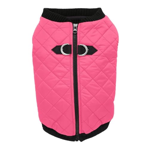 Image of Gooby Fashion Vest Dog Jacket, Pink, X-Large | Quilted bomber, water-resistant; Stretch knit bottom; Dual D-ring leash; Pain-free zipper guard; Warm