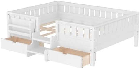 Bellemave Full Size Montessori Bed with 2 Drawers & Bookshelf, Kids Full Bed Frame with Safety Rails & Stairs for Girls Boys, White