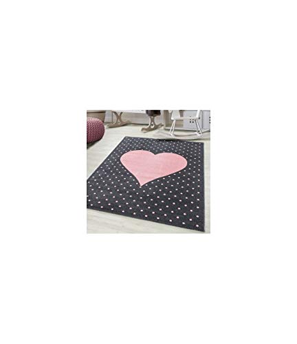 Tapis pour enfant chambre fille rose gris grand format motif cœur