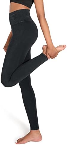 ODODOS Seamless Leggings for Women High Waist Tummy Control Acid Washed Ribbed Workout Tights Gym Yoga Pants, Black, X-Small/Small