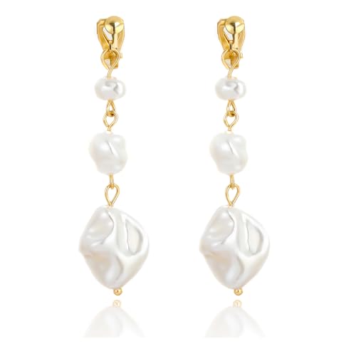 Baroque Pearl Pendant Clip Earrings Long Drop Clip-on Earrings for Women Gold Plated White Imitation Pearl Non-Pierced Earrings