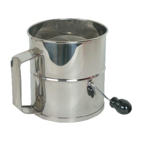 FSE SLFS008 Rotary Flour Sifter, 8 Cup Capacity, 4-Wire Agitator, Stainless Steel, Mirror-Finish