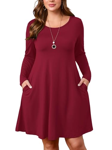 Image of AusLook Women's Plus Midi Dress Long Sleeve Crew Neck A-Line Swing Flowy Vacation Fall Wedding Guest Dresses with Pocket 1-5X
