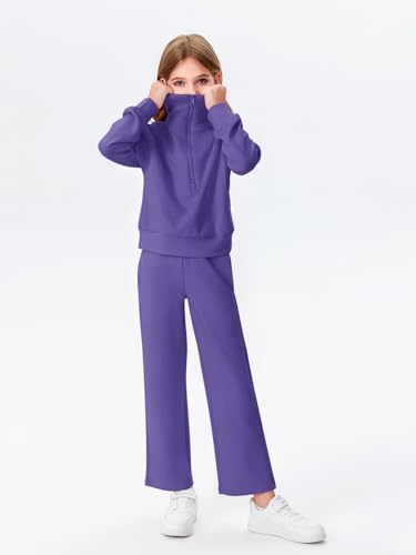 Image of Haloumoning Girls 2 Piece Outfits Sweatsuit Half Zip Long Sleeve Sweatshirts Sweatpants Tracksuit Sets 5-14 years