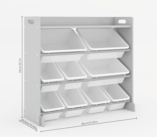 Duffy® Kids Storage Unit Toy Box Organiser Bookshelf With Removable Baskets, For Bedroom, Nursery, Playroom (Grey Wood With White Bins) - 3