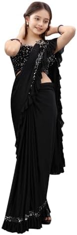 Dhyey fashion Girl's Lycra Silk Blend Ready To Wear Ethnic Ruffle Saree with Heavy Velvet Unstitched Blouse Piece and 0.80 Centimeter Blouse | Readymade Saree For Girl | Sarees For Girls