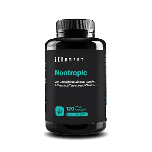 Nootropic with Ginkgo biloba Bacopa monnieri L-Theanin L-Tyrosine and Vitamins B 120 Vegan Capsules | Memory Concentration Clear Thinking | Vegan Additive Free Allergen Free | Zenement