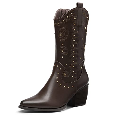 DREAM PAIRS Women's SDMB2207W Western Cowboy boots Mid Calf Cowgirl boot Pull-on,Brown,Size 6.5