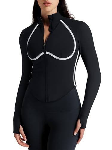 Women Workout Jacket Cropped Contrast Seam Zip Up Athletic Jacket Yoga Sportswear with Thumb Holes