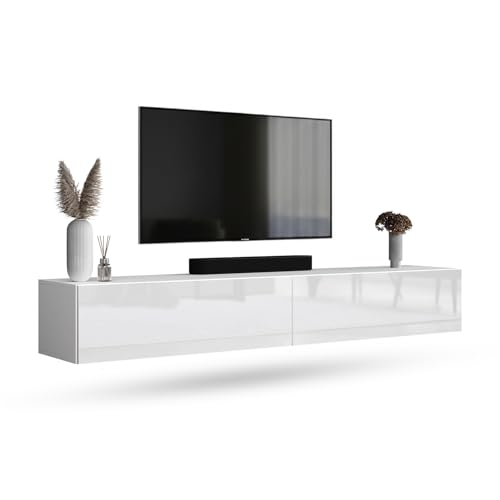 Planetmöbel Meuble TV West, Table TV 200 cm de Long, Meuble Tele Suspendu ou posé au Sol, Table Television pour Salon, 2X Meuble TV 37,8 x 100 x 30 cm, Blanc
