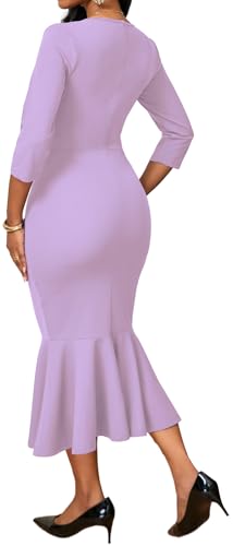 Image of Elegant Dress for Women Sexy V Neck Long Sleeve Bodycon Midi Fishtail Dresses