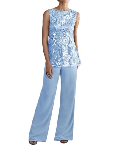 Image of 3 Pieces Mother of The Bride Dresses Pant Suits - Lace Chiffon Long Sleeve Grandmother Dresses with Jacket