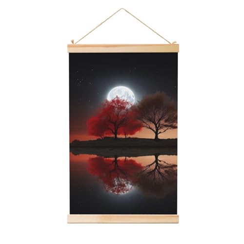 Œuvre d'art vintage arbre rouge avec suspension bois premium