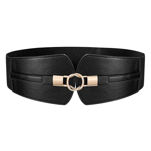 JASGOOD Women Elastic Wide Belt Ladies Stretchy Waist Belt for Dress with Gold Buckle