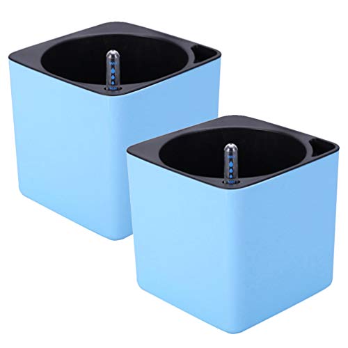 Hemoton 2Set Self Watering Flower Pot Automatic Watering Planter Decorative Double Layer Square Planter With Nilometer Blue 12Cm Small Terrarium #TOP26