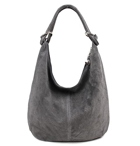 OBC Made in Italy Damen XXL Ledertasche Wildleder Shopper Schultertasche Umhängetasche Beuteltasche Hobo Bag (Grau)
