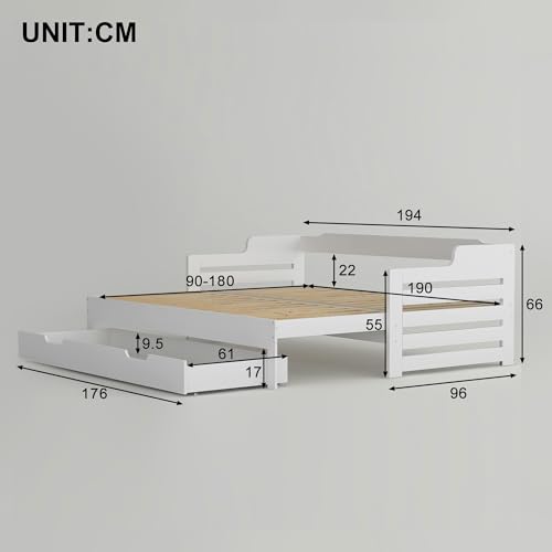 ANIROY 3FT Single Daybed, Single Guest Bed Sofa Bed with Pull Out Trundle and Storage Drawer, Cabin Bed for Living Room and Bedroom, 90 x 190cm, White