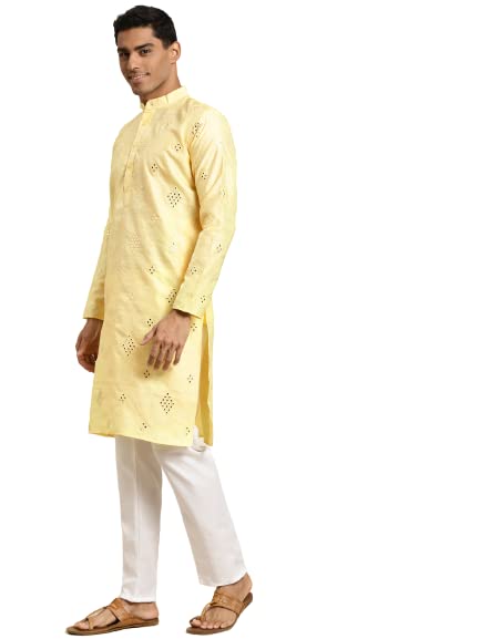Image of SOJANYA (Since 1958 Men's Cotton Blend Navy Blue & Black Printed Kurta & White Churidar Pyjama Set
