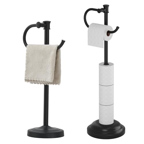 BESy Matte Black Stand Towel Bar Hanger Hand Towel Bar Bathroom Vanity Countertop Towel Holder with Free Standing Bathroom Toilet Tissue Holder Stand for Floor Toilet with Storage Hardware Rack