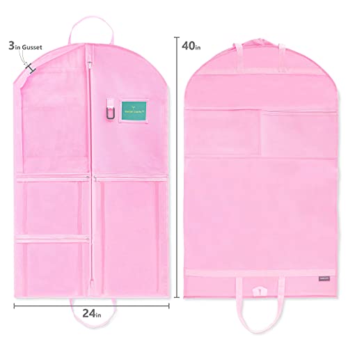 Waterproof Hanging Garment Bag 40 Inch Clothes Bag With Gusset, 5 Pockets & Side Zip For Dance Costumes, Sports, Skating, Theatre, Beauty Pageants, Cheer & More By Kendall Country, Cotton Candy Pink #TOP2