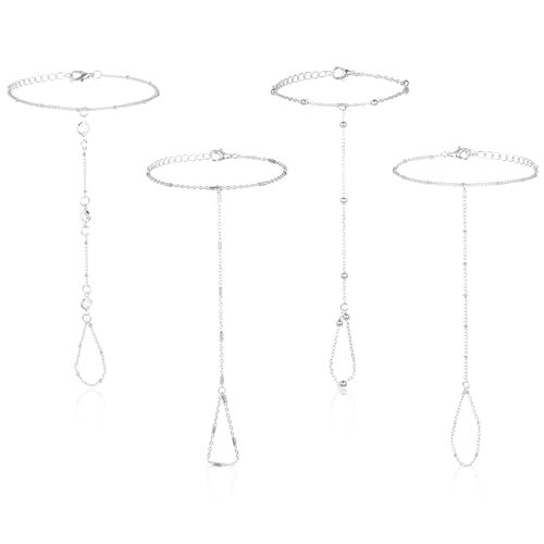 KFHENSOMR 4pcs Dainty Hand Chain Bracelets Ring Bracelet Hand Chain Adjustable Stackable Finger Ring Bracelet Waterproof Silver Jewelry Gifts Trendy for Women