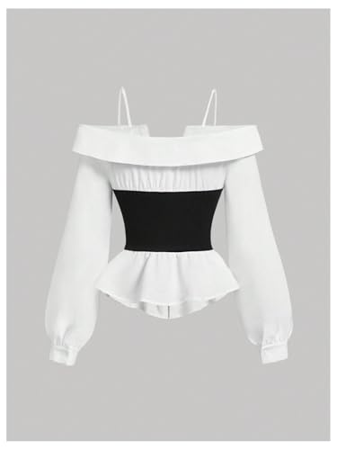SweatyRocks Women's Off The Cold Shoulder Long Sleeve Fitted Ruffle Blouse Peplum Shirt Color Block Corset Crop Top2