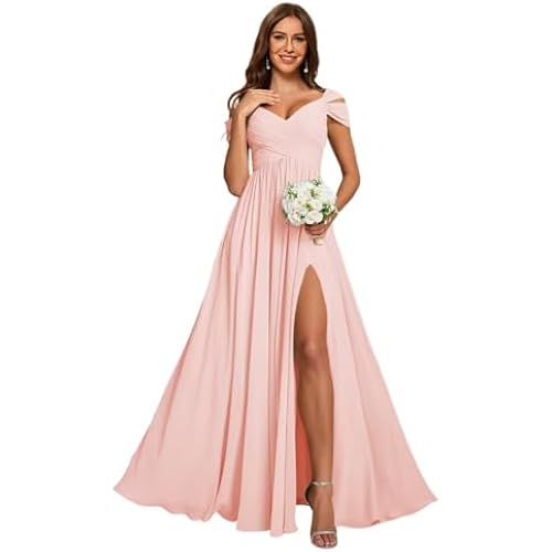 vintys Women's Off Shoulder Ruched Bridesmaid Dresses Long with Pockets Slit Chiffon Formal Evening Dress VS180
