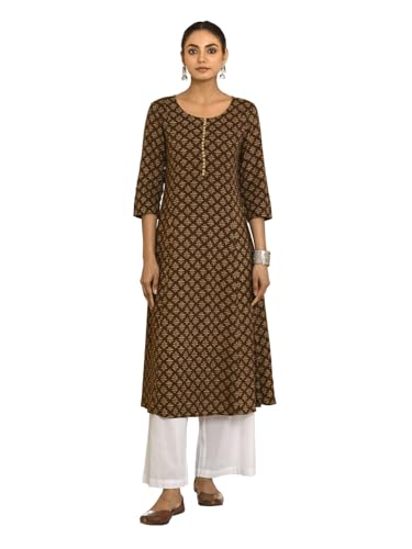 Image of FIORRA Women's Brown Floral Printed Cotton Flared Kurta