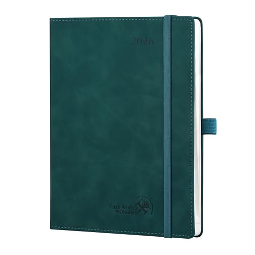 POPRUN Agenda 2026 Semana Vista 22 x 16,5 cm, Tapa Blanda, Marcapágina de Cinta, Una Página por Semanal con Una Página de Notas, 100 GSM Papel EU, Verde petróleo