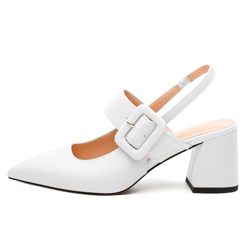Women's Slingback Pumps, Pointed Toe Mid Heels, Adjustable Buckle Fashion Solid Color Chunky Heel Shoes for Women2