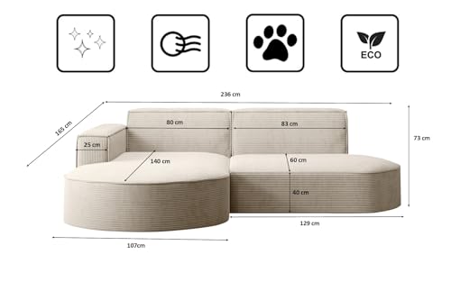 Kaiser Möbel - Ecksofa mit Wohnlandschaft, Eckcouch L-Form, Sofa 3-sitzer, Polstersofa, Bequemes Couch mit Ottomane für Wohnzimmer, Relaxsofa, Stilvolles Cord Sofa, Modena Studio, Beige, Links