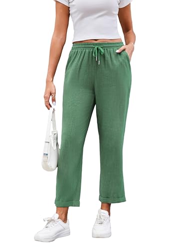 TUANMOZI Hose Damen Leinen Sommerhose 7/8 Freizeithose Einfarbig Leinenhose Bequeme Stoffhose Leicht Leg Hose mit Kordelzug und Taschen (DE/NL/SE/PL, Alphanumerisch, M, Regular, Regular, Grün)