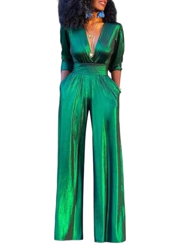 Women's Spring Glossy High-Waisted Jumpsuit Sexy Deep V-Neck, Wide-Leg Design