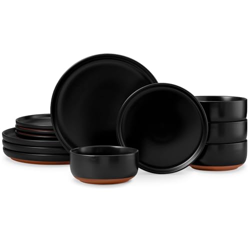 E-far 12-Piece Stoneware Plates and Bowls Sets Dinnerware Sets for 4 Ceramic Dishware Dishes Set with Terracotta Base Chip & Scratch Resistant Microwave & Dishwasher Safe Matte Black