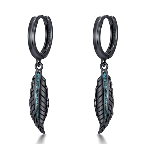 Pendientes de plumas negras de plata 925, joyería gótica premium con detalles de turquesa