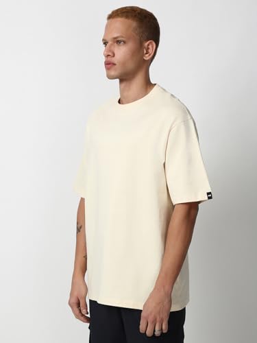 Image of Bewakoof Men's Cotton Solid Super Loose Fit Half Sleeve Round Neck T-Shirt | Casual Wear | Street Wear | Oversized t Shirt for Men Cotton| Baggy