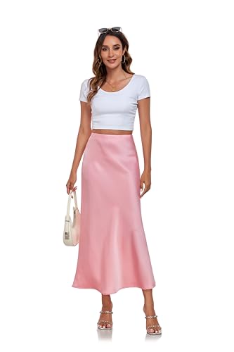 Women's Silk Satin Maxi Skirt High Waist Elastic A Line Fishtail Elegant Work Elastic Long Skirts4