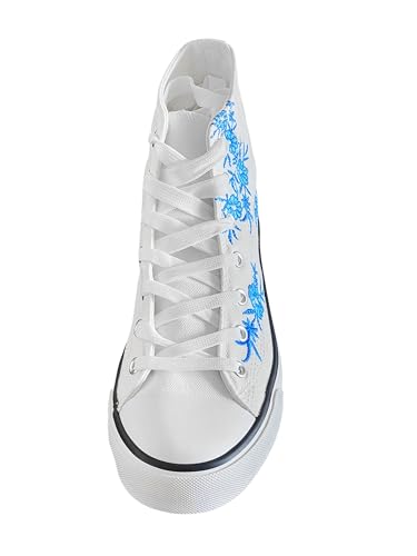 Women's Canvas High Top Embroidered Sneakers, Lace Up, White with Blue Floral Embroidery