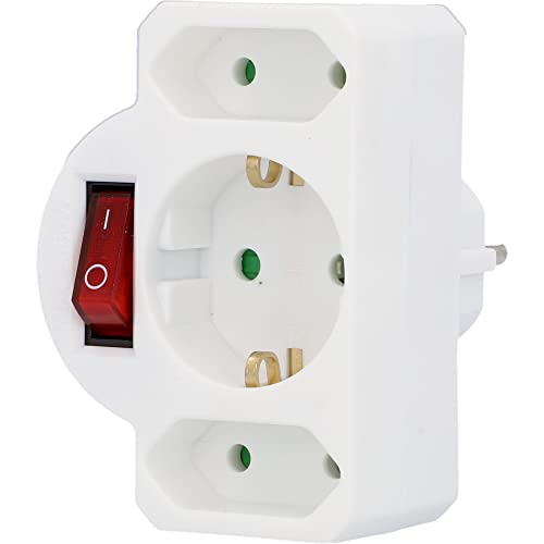 UNITEC Zwischenstecker mit 1x Schuko und 2x Euro Schalter, mit beleuchtetem Schalter, weiß, lose